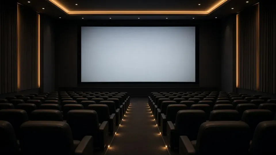 قاعة سينما مظلمة بصفوف مقاعد متدرجة